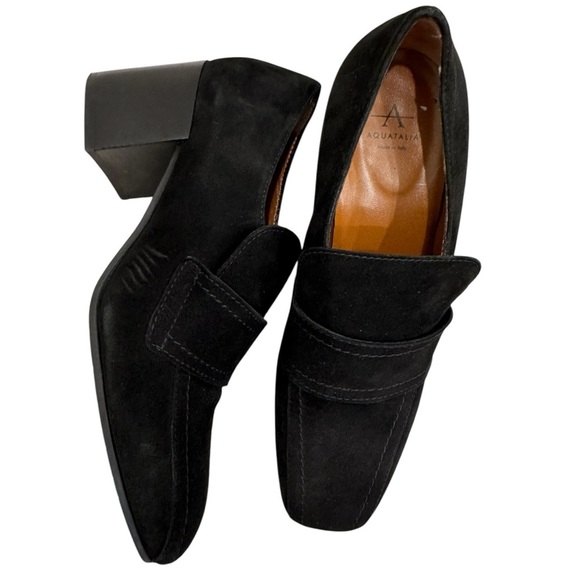 Aquatalia Black Suede Block Heeled Loafers - Picture 1 of 7